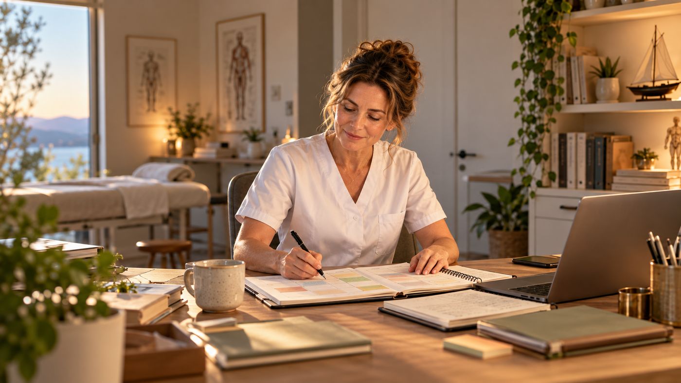 The same practitioner at a tidy desk in warm morning light, calmly planning her week in a notebook