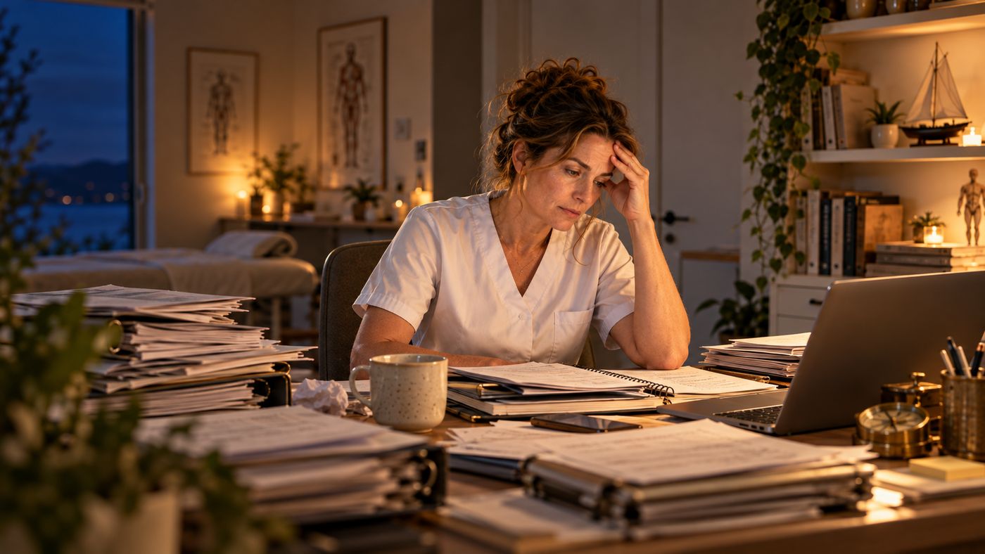 A practitioner at her desk late in the evening, head in her hand, surrounded by stacks of paperwork