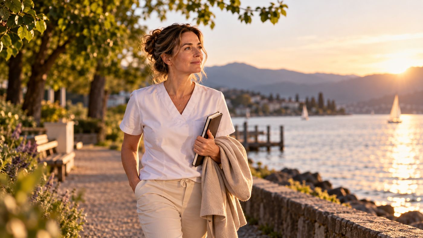 The same practitioner walking along a lakeside path at sunset, relaxed and smiling